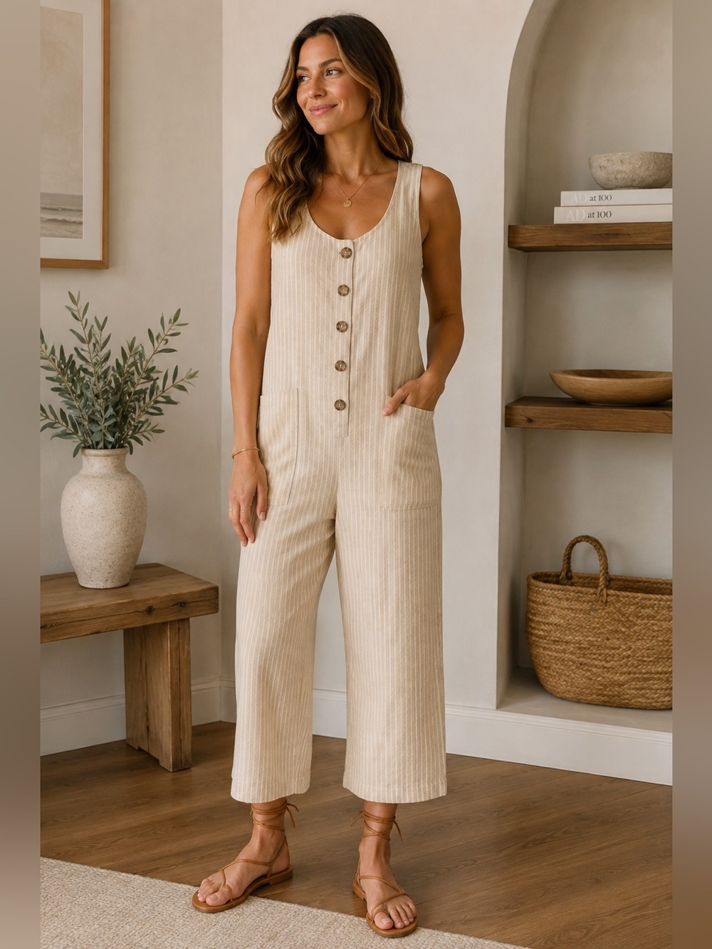 MARINE LAYER Hemp Blend Jumpsuit Natural Stripe Size L NEW
